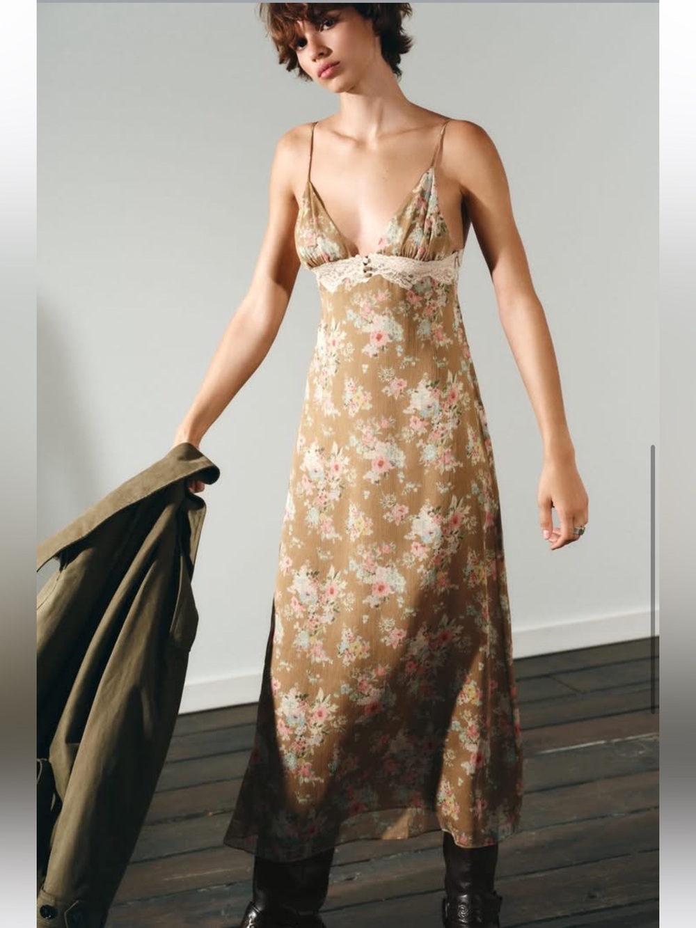 Zara Taupe Floral Lace-Trim Slip Dress